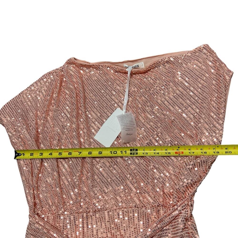 NWT GRACE KARIN Sequined Asymmetric Pink Off Shoulder Bodycon Midi Dress Size L - Picture 8 of 12
